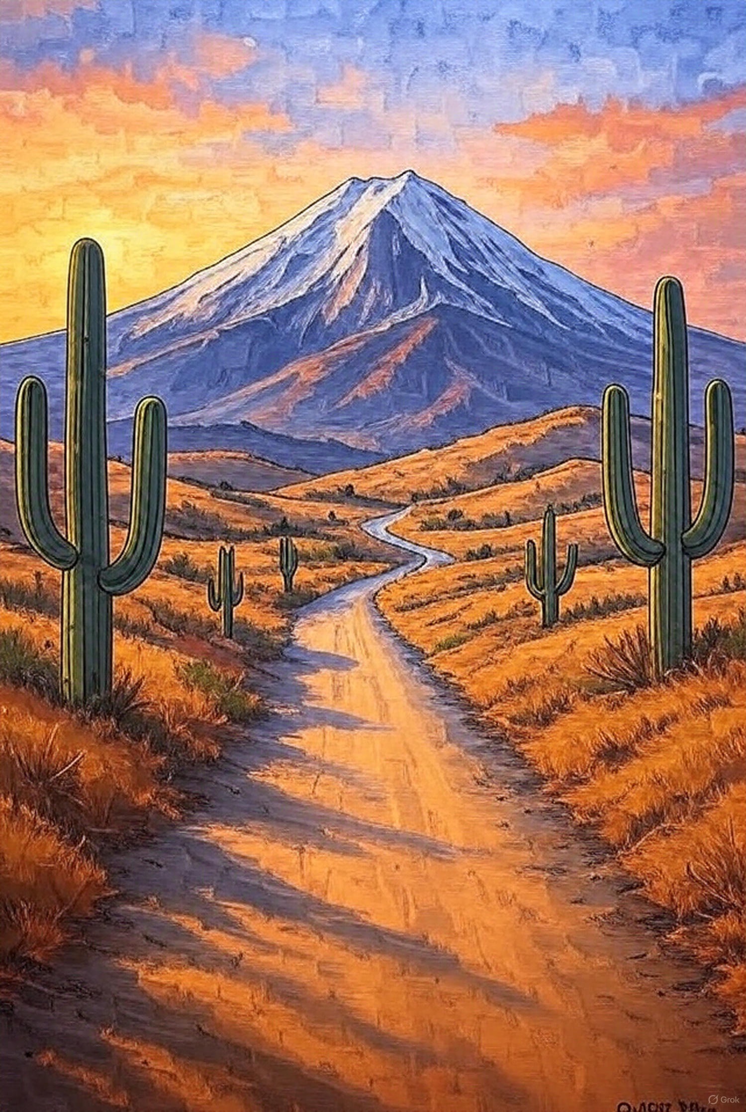 A painterly landscape with tall cacti beside a winding road leading toward a distant snow-capped mountain, beneath an orange and blue sky.