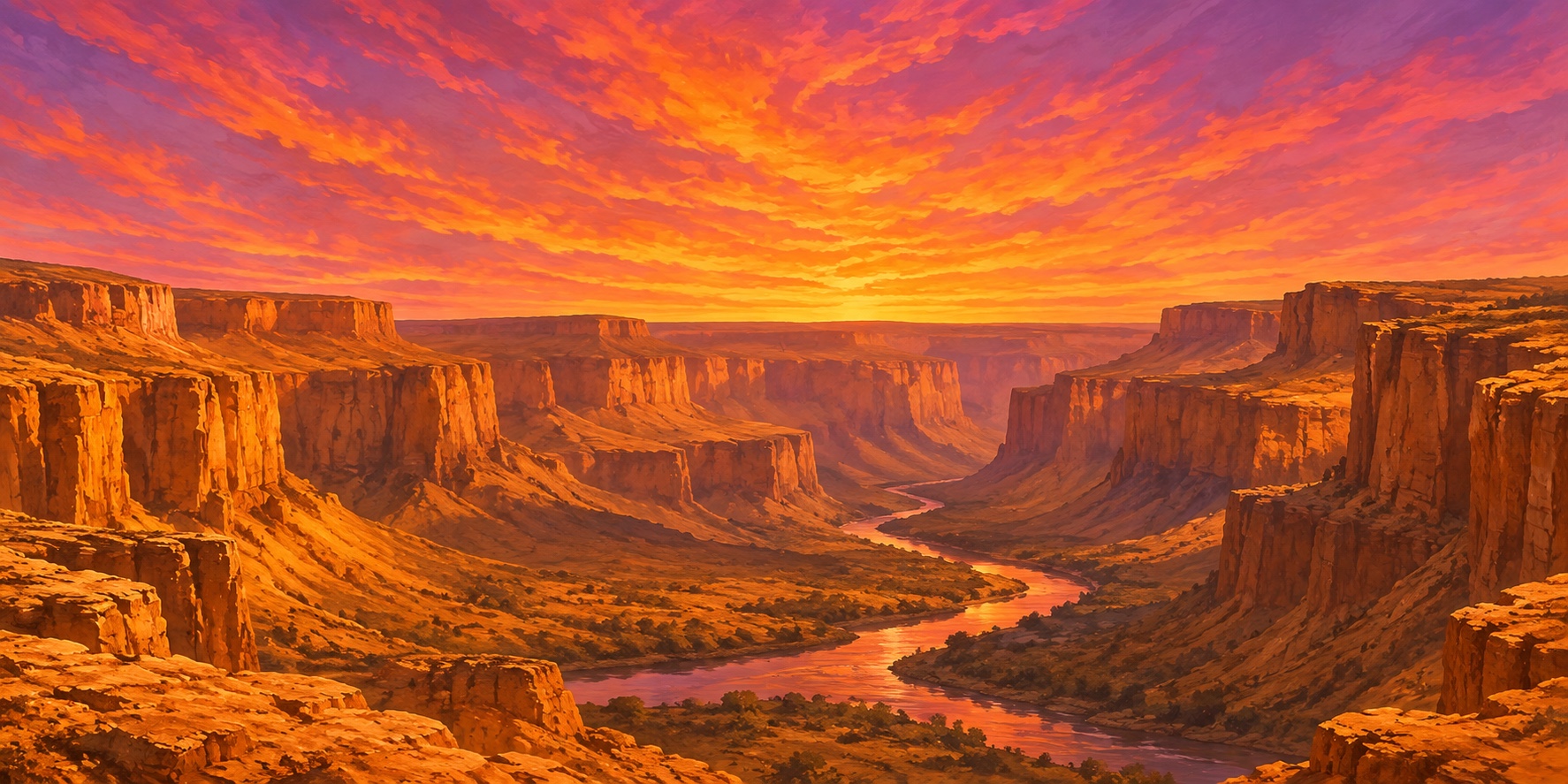 A wide canyon with orange cliffs and a winding river beneath a glowing sky of gold, coral, and violet clouds.